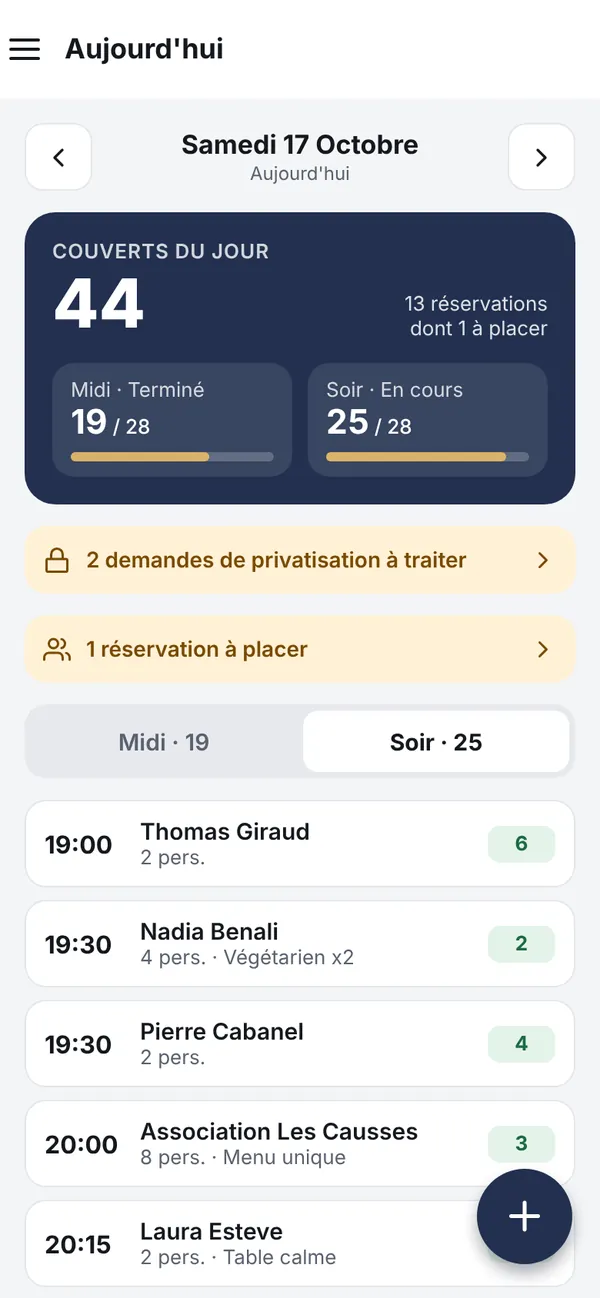 Application mobile Booking A Table : réservations du jour