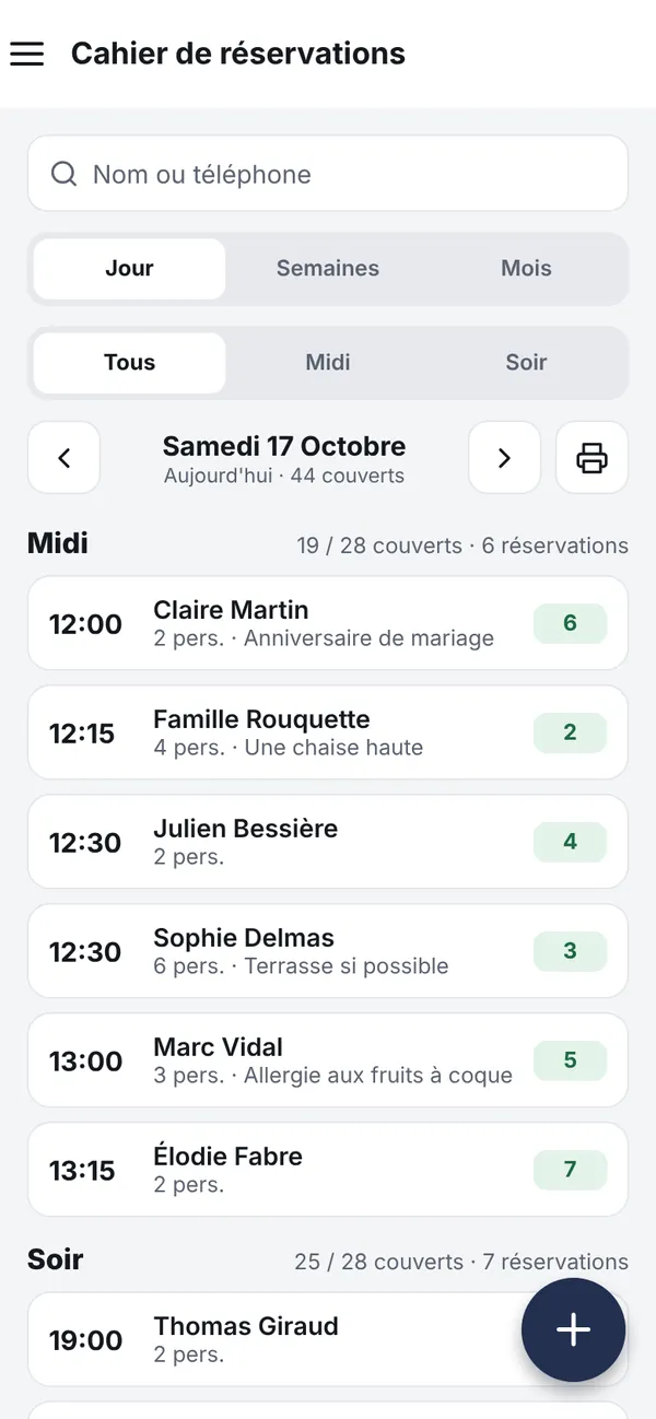 Application mobile : cahier de réservations du midi