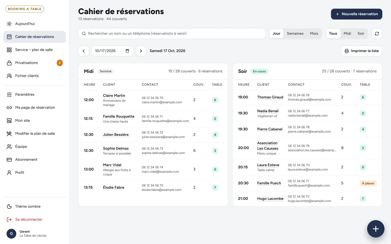 Cahier de réservations Booking A Table : réservations du midi et du soir, couverts et tables