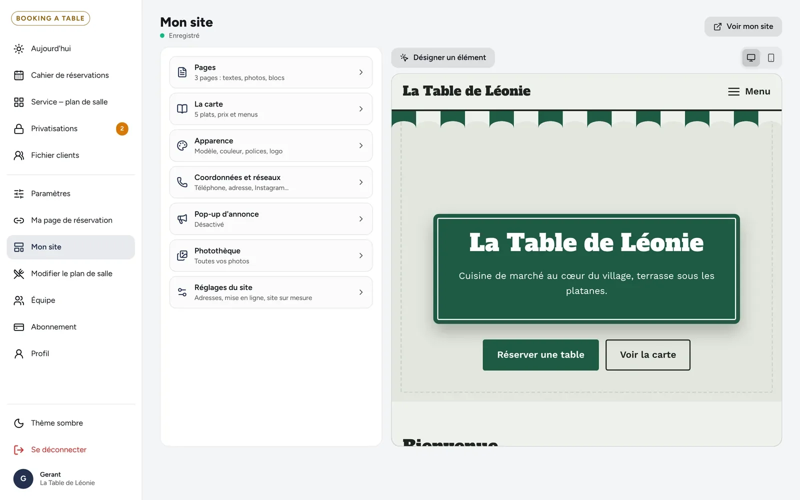 Éditeur « Mon site » : les rubriques à gauche, l'aperçu du site en direct à droite