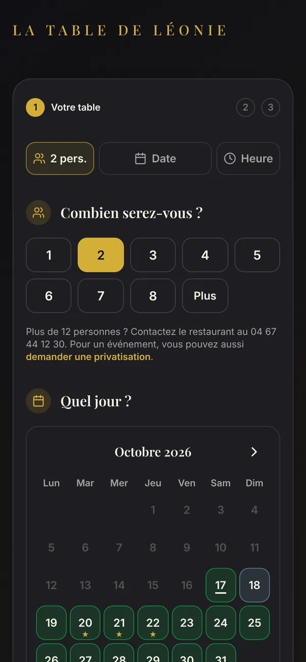 Page de réservation d'un restaurant sur téléphone : choix du nombre de personnes et du jour