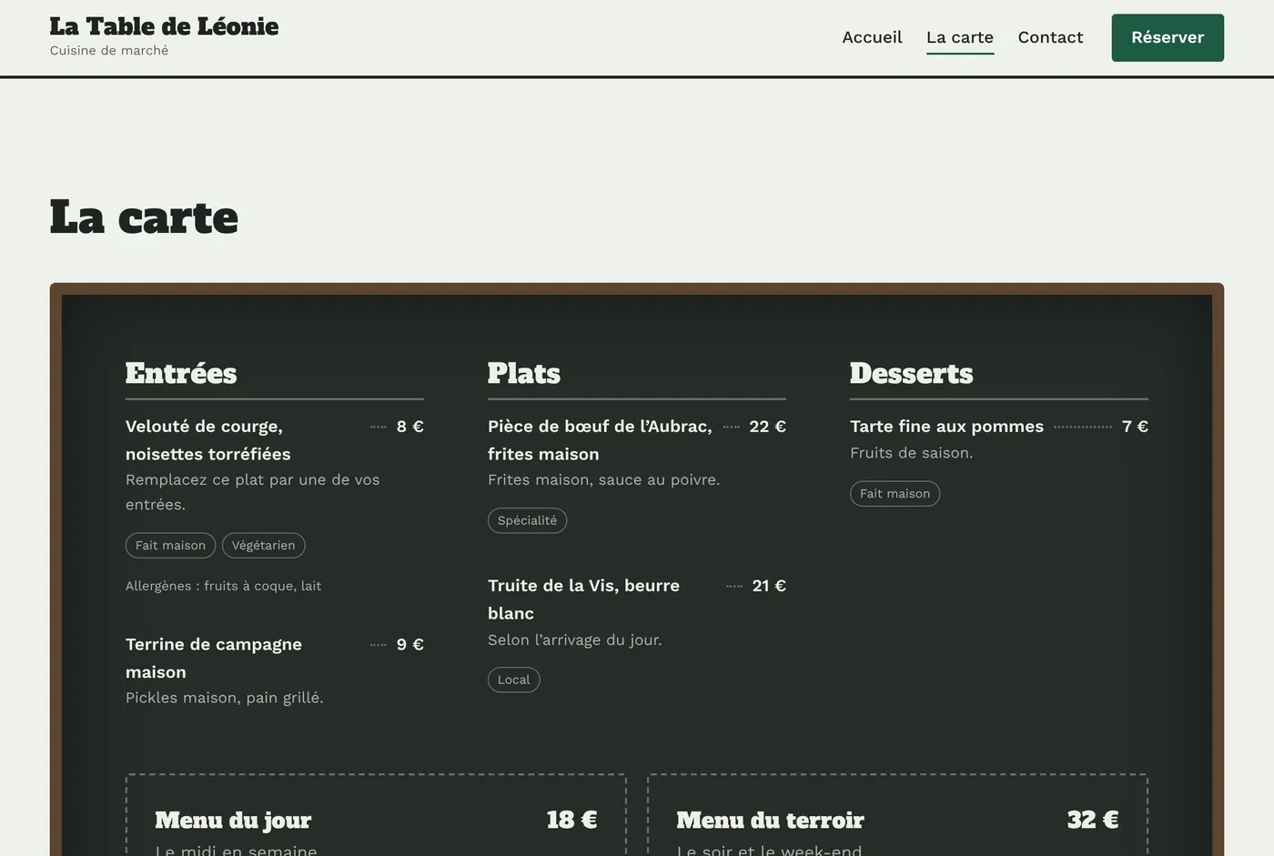 Site vitrine d'un restaurant : la carte présentée comme une ardoise